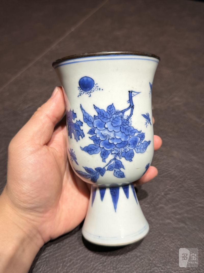明崇祯 青花花卉纹高足杯 - 图5